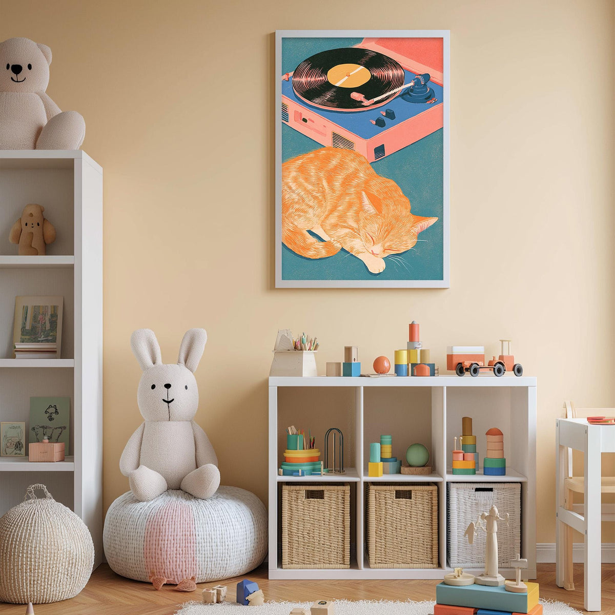 A cozy children's room with a white rabbit sitting on a bean bag chair, a framed painting of a sleeping cat on the wall, and a toy shelf filled with various toys.