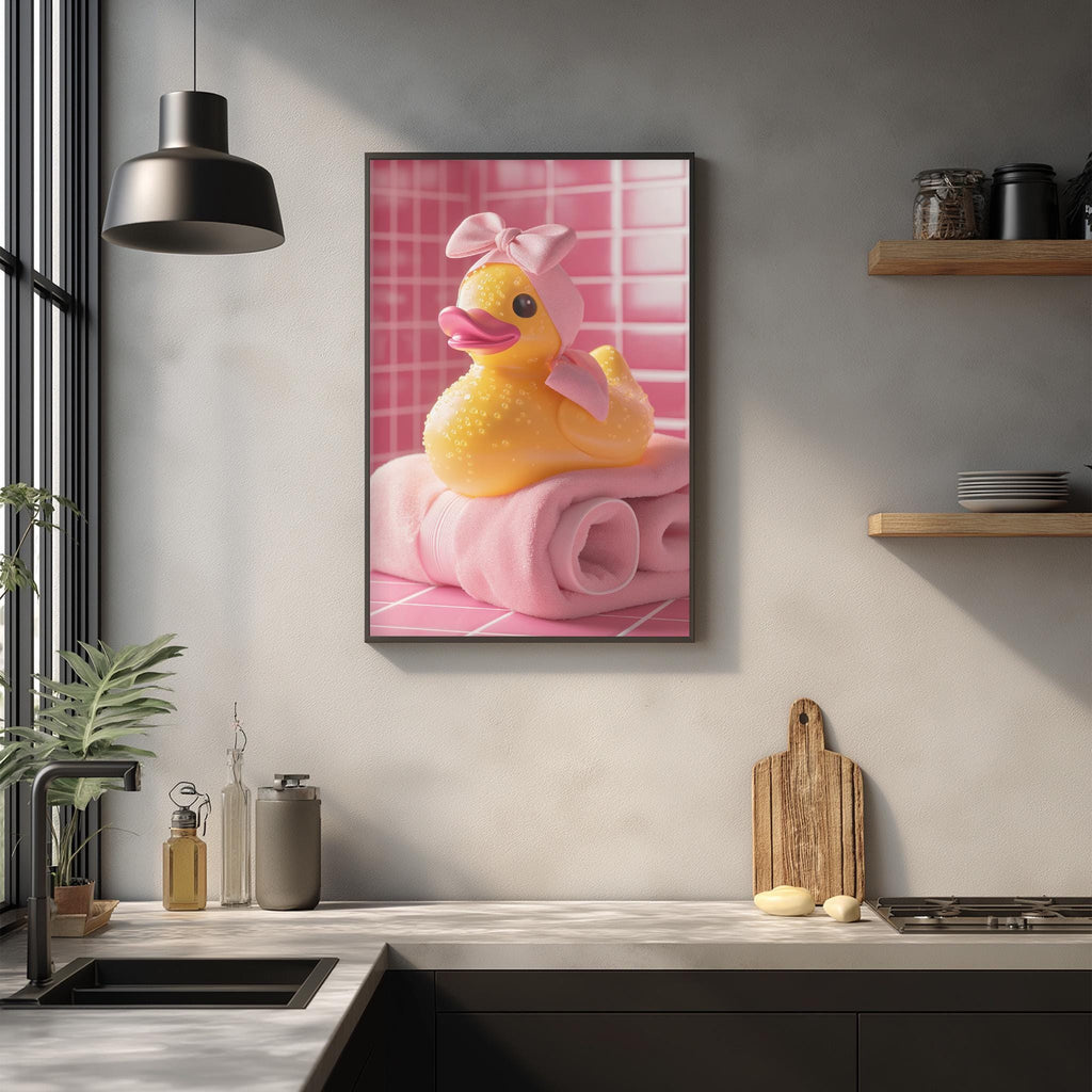 A framed image of a yellow rubber duck sitting on a pink towel is displayed on the wall above a kitchen counter.