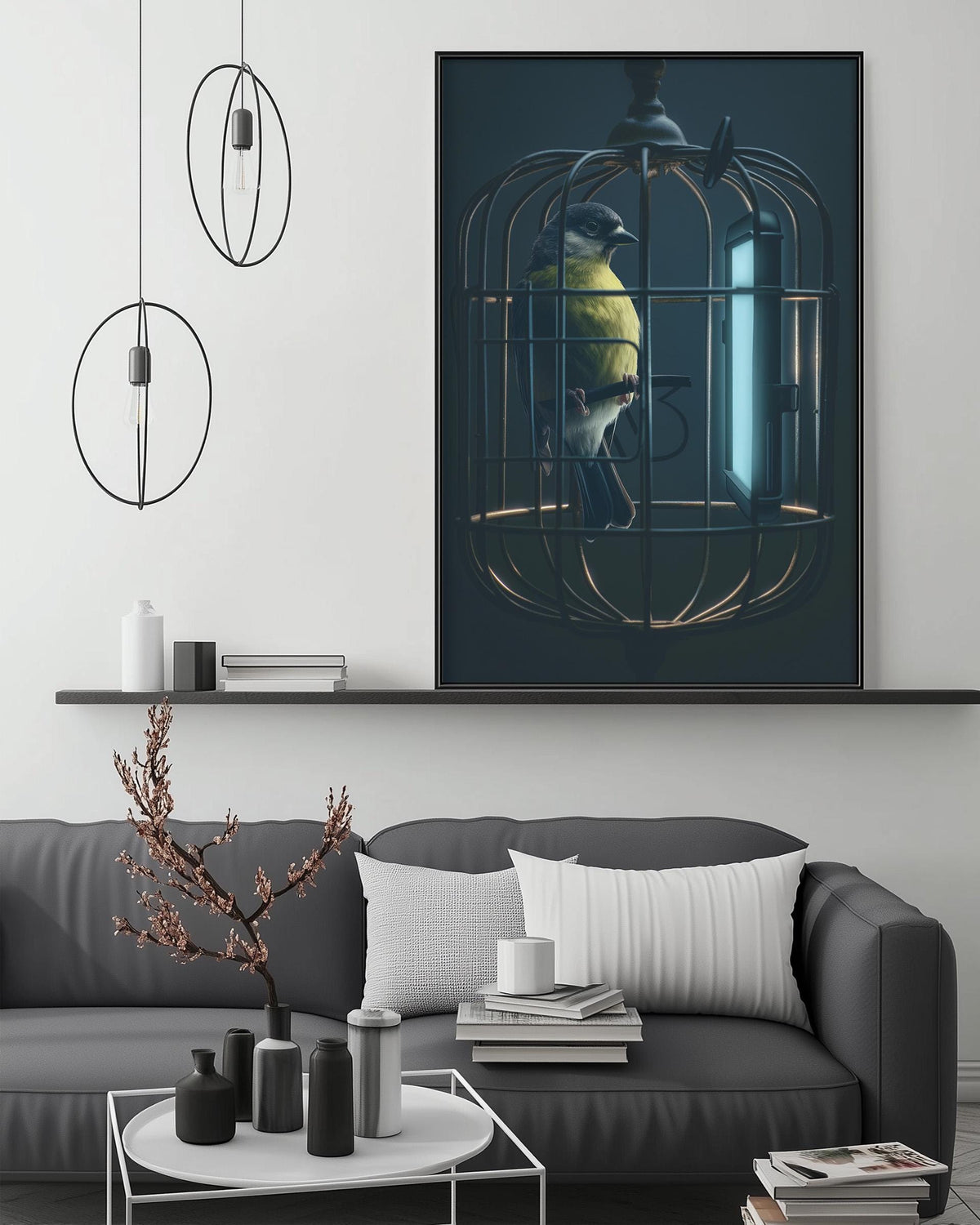 a bird in a cage, with a large framed artwork hanging on the wall above a gray couch in a modern living room setting.