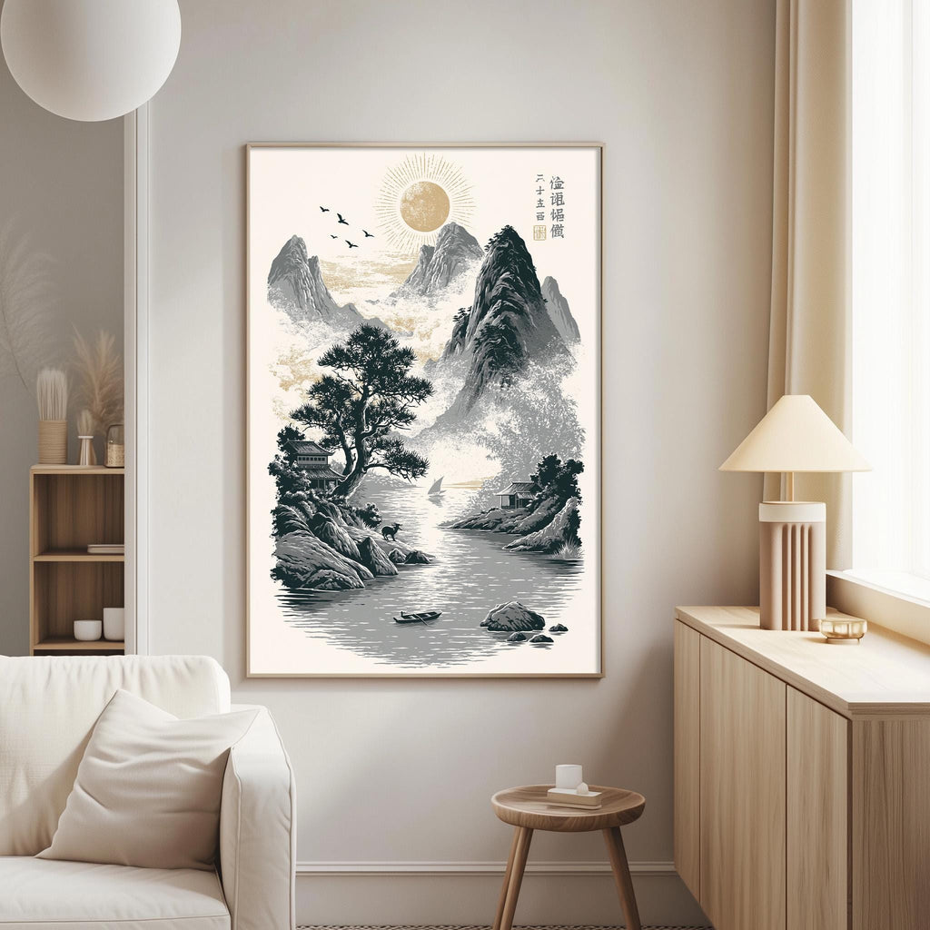 a large framed artwork depicting a serene landscape with mountains, trees, and a lake, hanging on a wall in a living room.