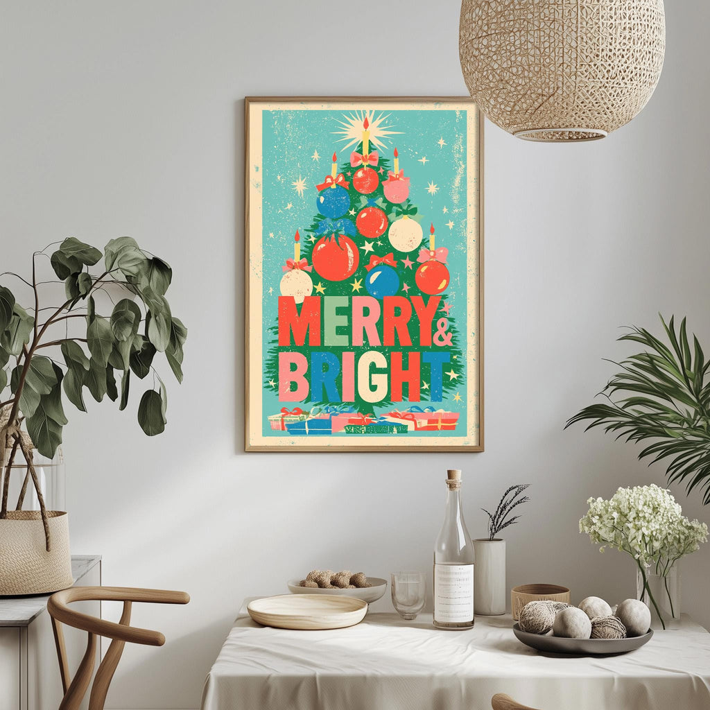 a festive Christmas-themed poster hanging on a wall, with a dining table and chairs in the foreground.