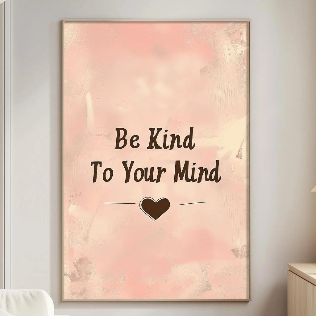 a living room with a large framed poster on the wall that reads "Be Kind To Your Mind" with a heart symbol below the text.