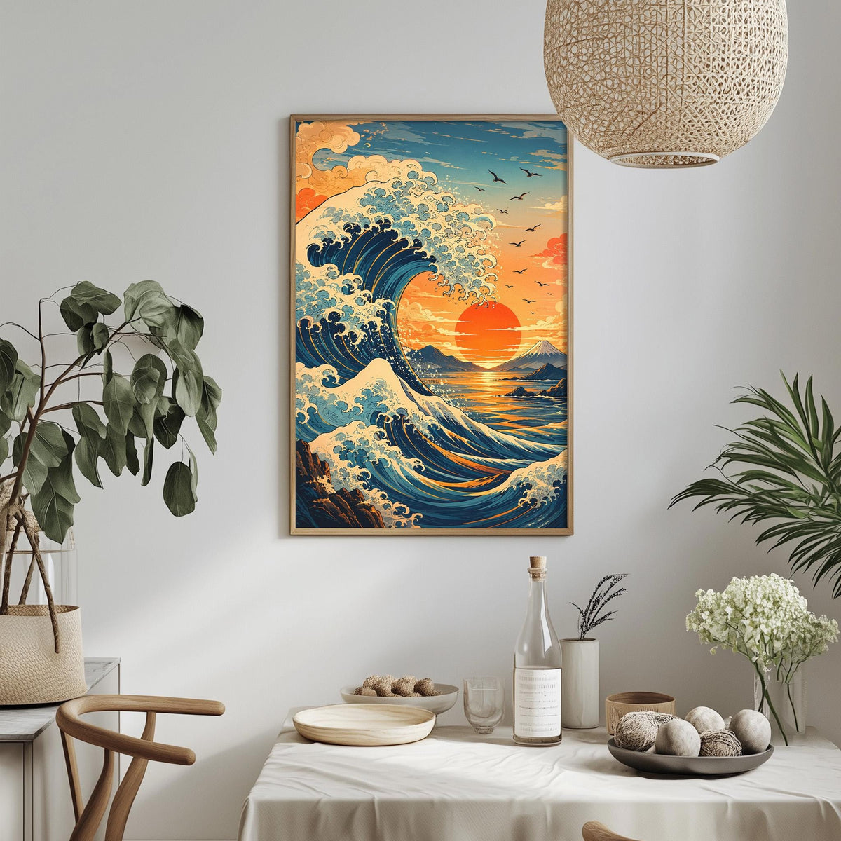 a large framed painting of a vibrant ocean scene with a sunset, hanging on a wall above a dining table with various decorative items and plants.