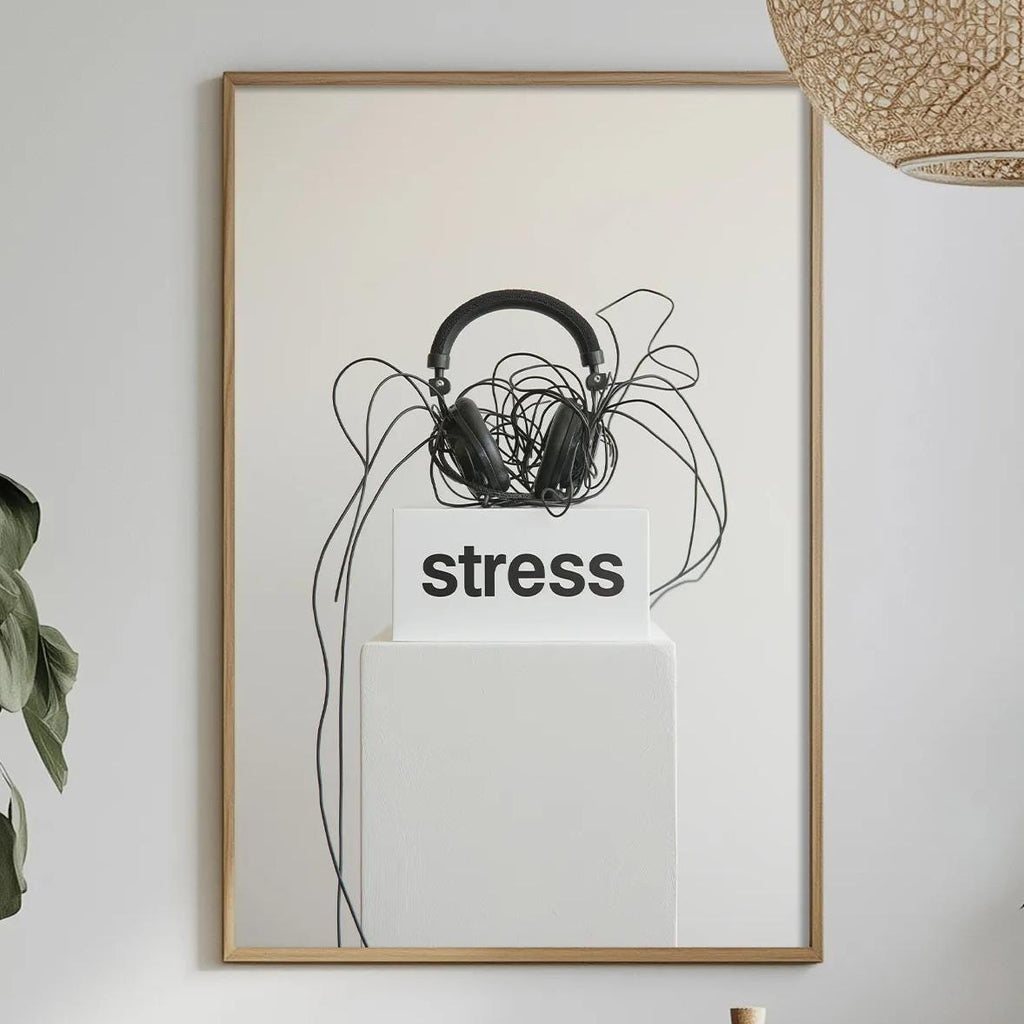 a dining table with a white tablecloth, a bowl of fruit, a bottle, and a vase with flowers. Above the table, there is a framed poster with the word "stress" written on it. The table is set with a variety of items, including a potted plant, a vase with flowers, and a plant in a pot.