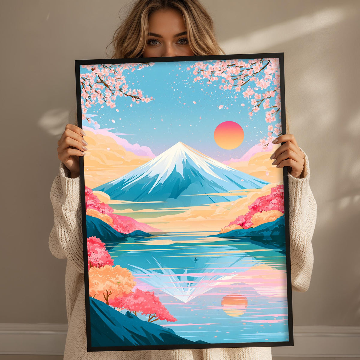 A woman holds up a framed poster depicting a serene landscape with a mountain, a lake, and colorful flowers.