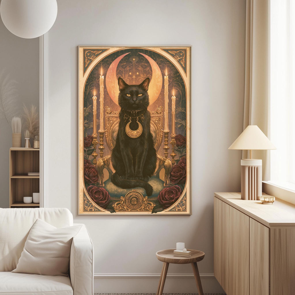 a large, ornate painting of a black cat sitting on a throne, surrounded by a crescent moon, roses, and candles. The painting is displayed on a wall in a living room setting, with a white couch and a lamp visible in the background.
