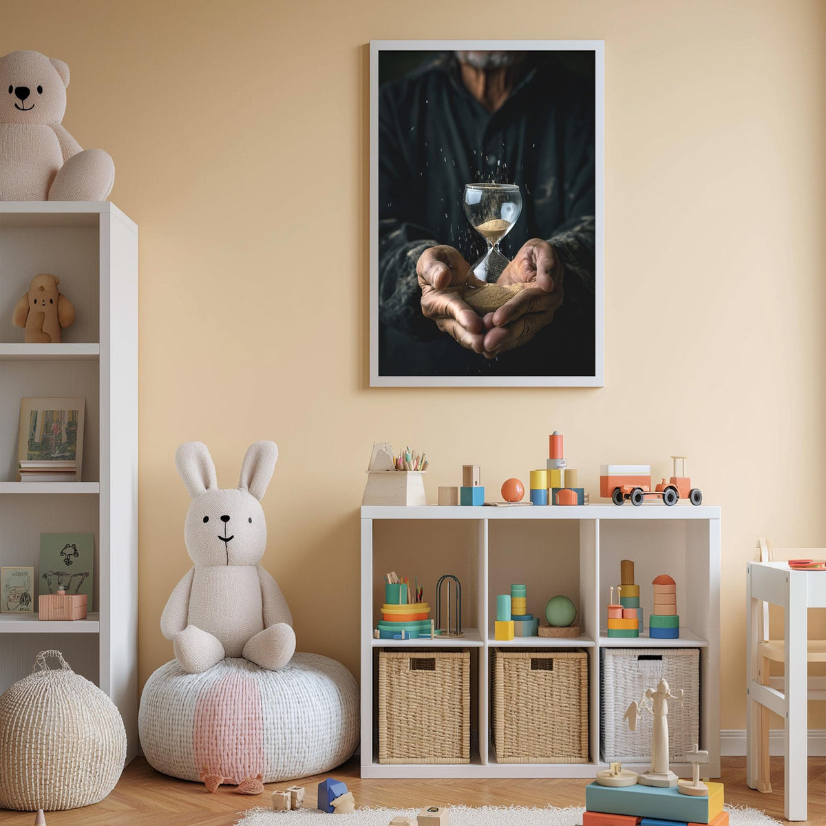 a cozy and well-organized child's bedroom, featuring a white bookshelf, a plush white bunny, and a shelf with various toys and storage containers.