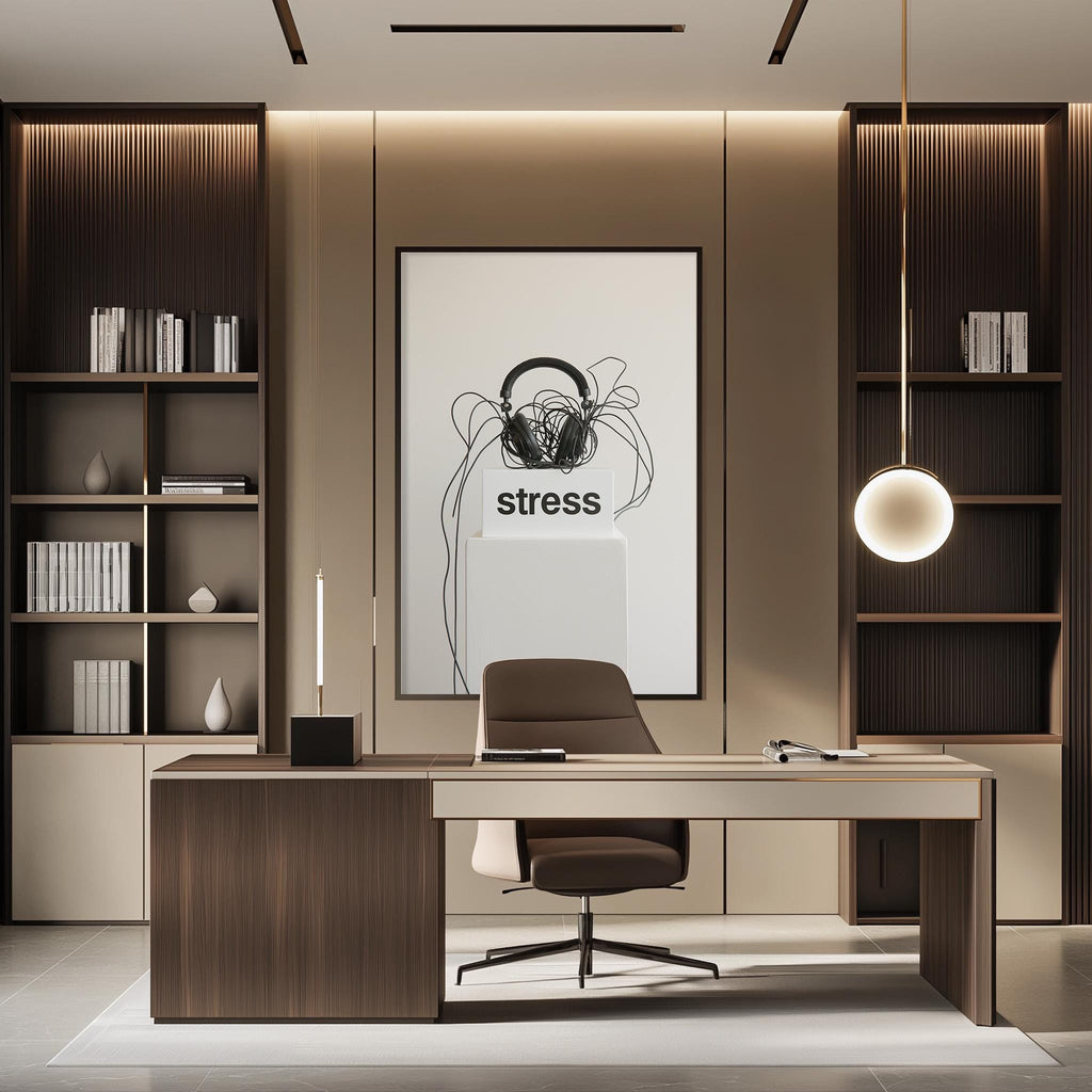 a modern and minimalist office space with a large desk, a comfortable chair, and a framed poster with the word "stress" on the wall.