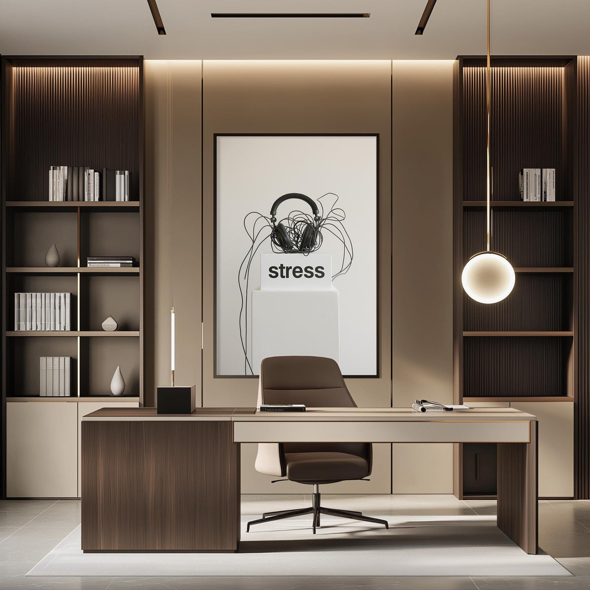 a modern and minimalist office space with a large desk, a comfortable chair, and a framed poster with the word "stress" on the wall.