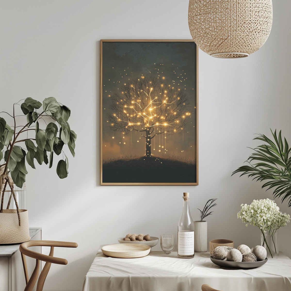 a dining table set with a white tablecloth, a bowl of fruit, a bottle, and a vase with flowers. Above the table, there is a framed picture of a tree with glowing lights, creating a warm and inviting atmosphere.