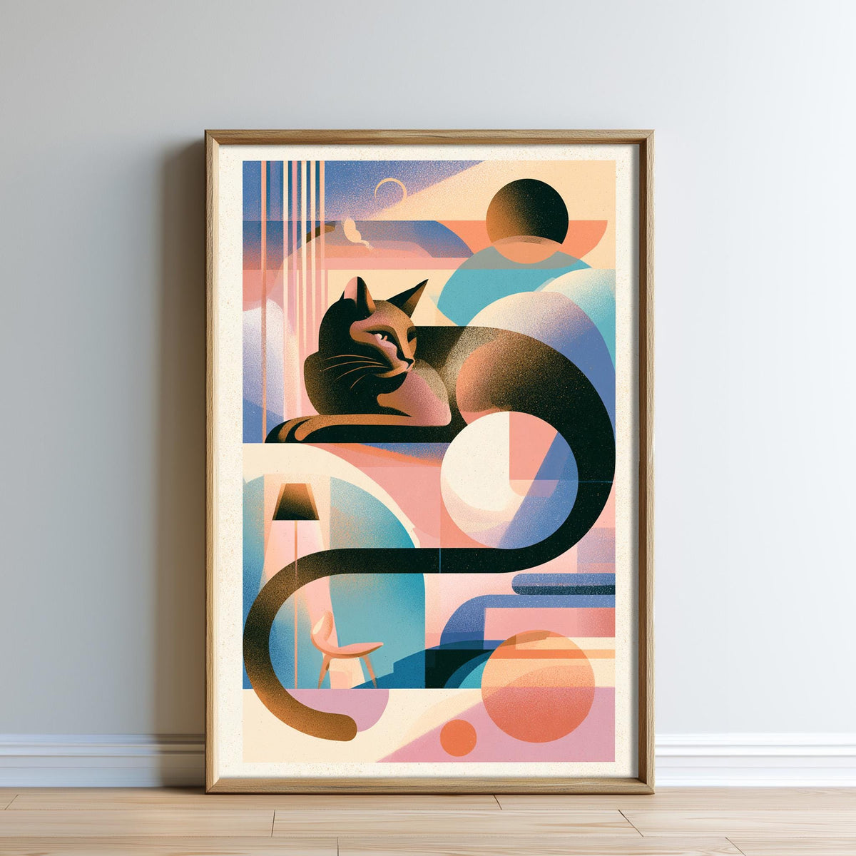 The image is a framed artwork depicting a stylized cat in a surreal, abstract composition with various geometric shapes and colors.