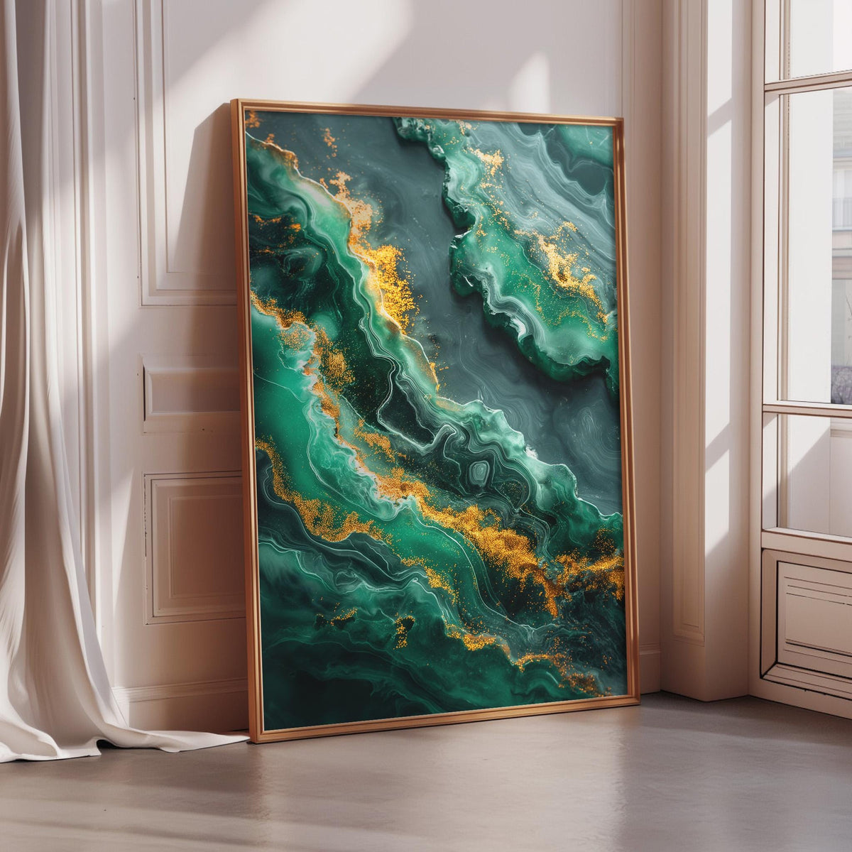 a large, framed abstract painting with a vibrant green and gold color scheme, displayed on a wall in a room with a window.