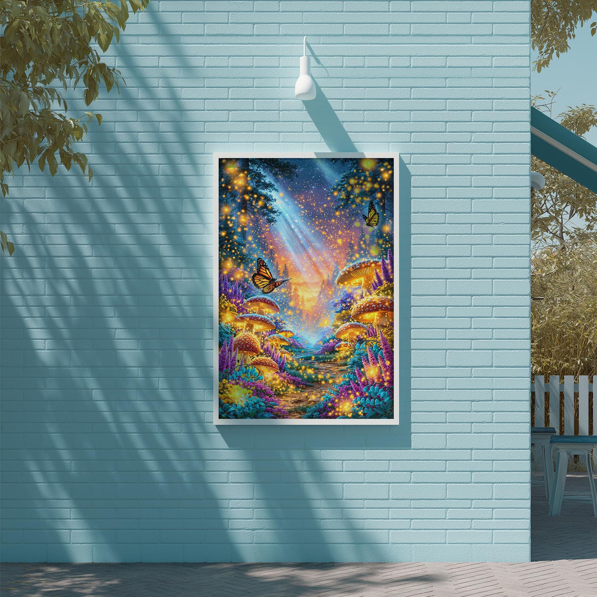 a vibrant and colorful painting of a fantastical forest scene, with mushrooms, flowers, and butterflies, hanging on a light blue brick wall.