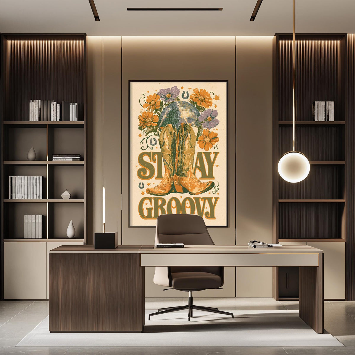 a modern office space with a large framed poster on the wall that says "STAY GROOY". The office has a wooden desk, a chair, and a bookshelf. The overall design and decor of the space create a stylish and comfortable work environment.