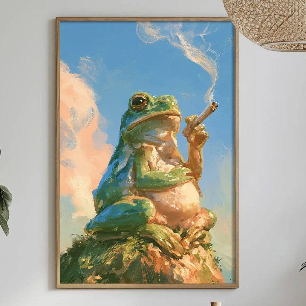 a framed painting of a frog sitting on a rock, smoking a pipe, with a dining table and chairs in the foreground.