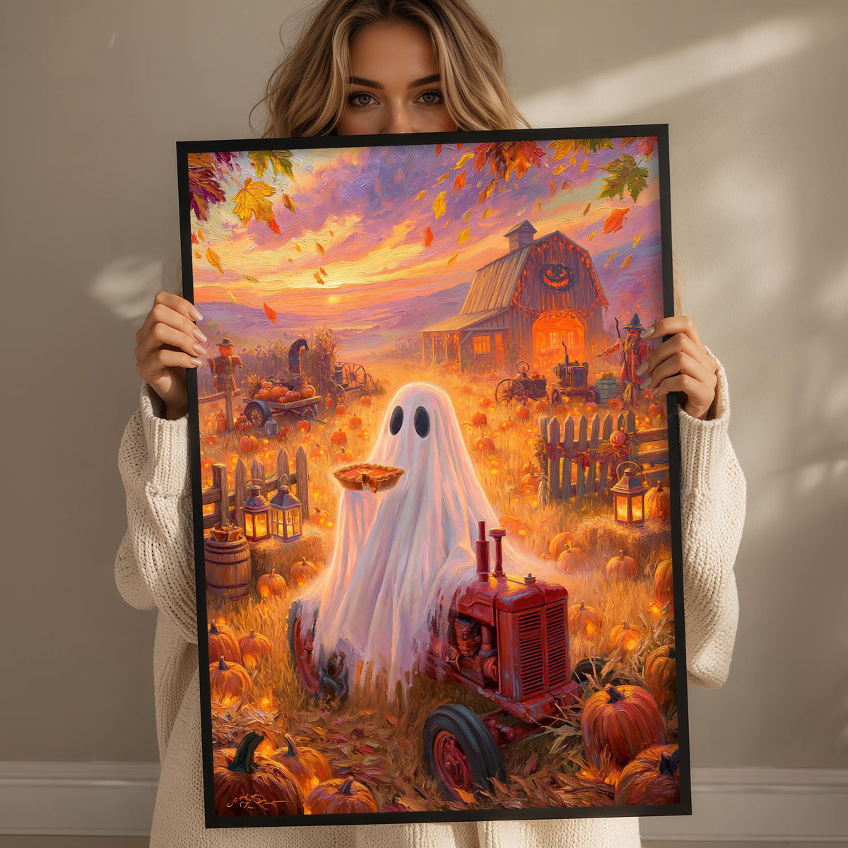 A woman holds up a framed painting depicting a ghost riding a tractor in a pumpkin patch, with a barn and autumn leaves in the background.