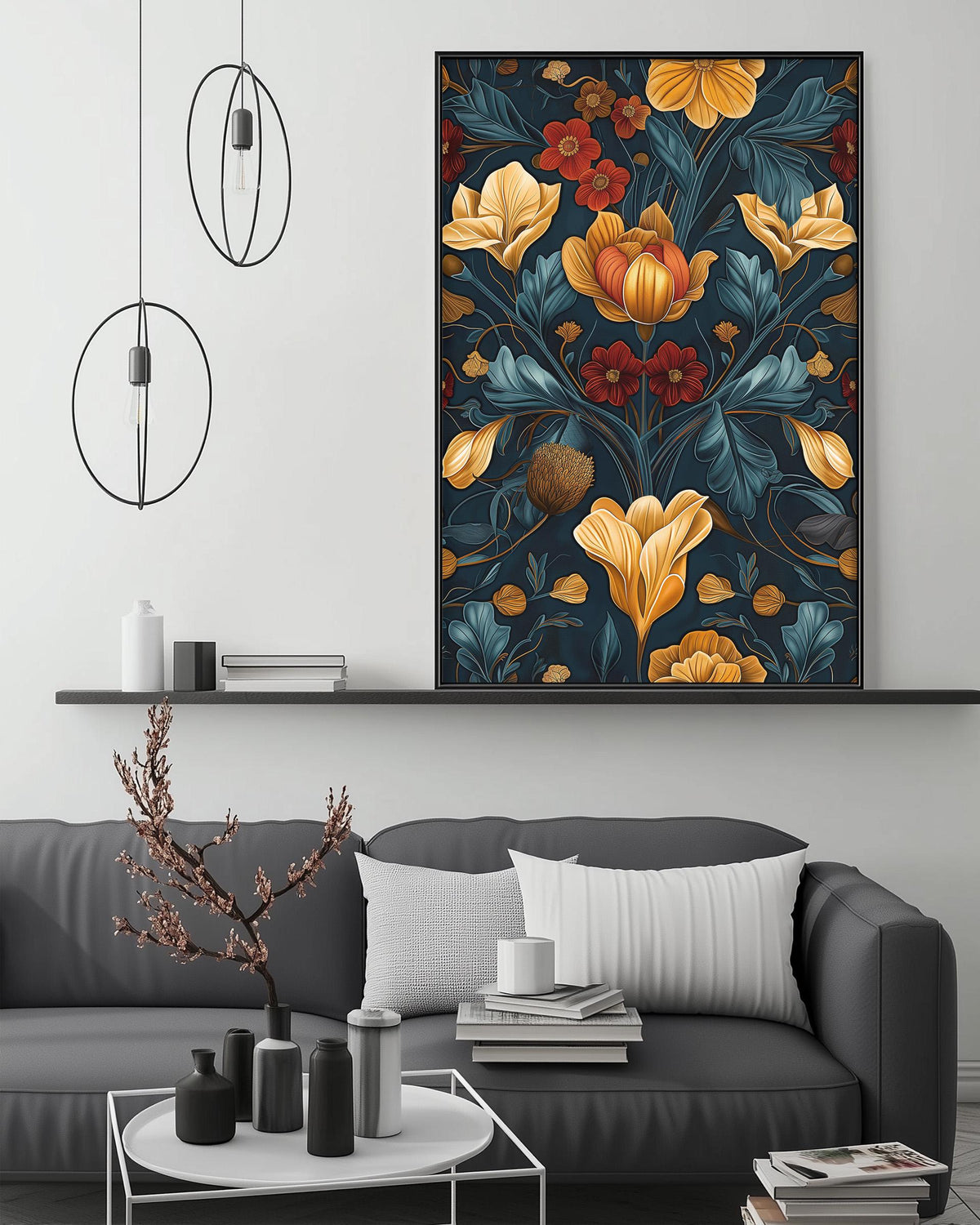 a modern living room with a gray sofa, a coffee table, and a large floral print hanging on the wall above the sofa.