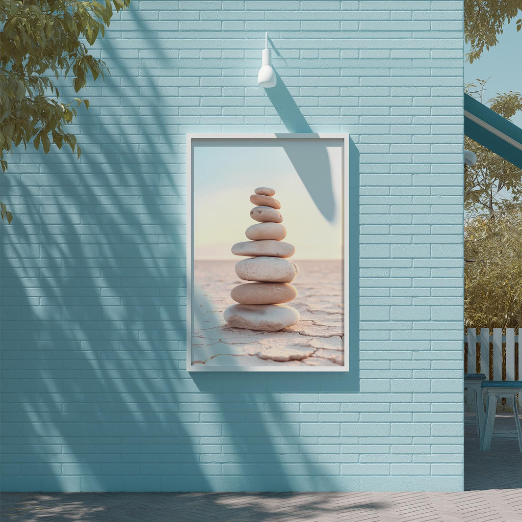 A framed image of a stack of stones is displayed on a light blue brick wall, with a tree and a white light fixture visible in the background.