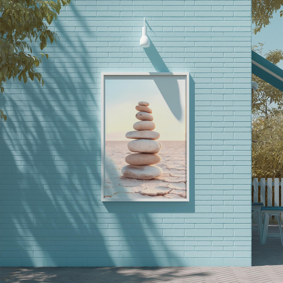 A framed image of a stack of stones is displayed on a light blue brick wall, with a tree and a white light fixture visible in the background.