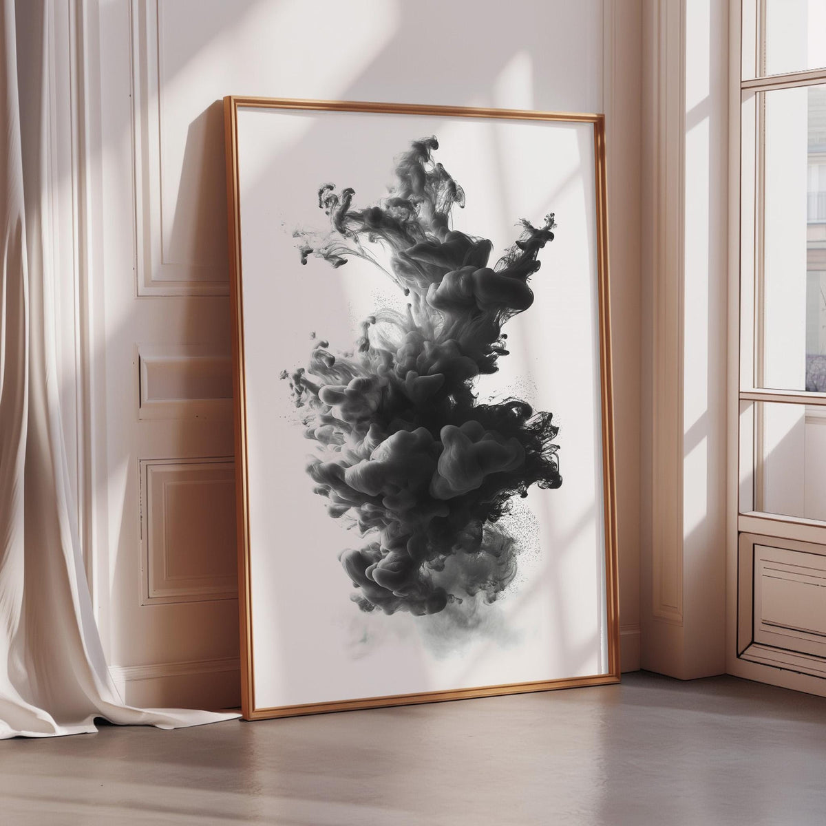 a large, framed artwork depicting a dramatic, abstract black and white splash of ink or paint on a white background.