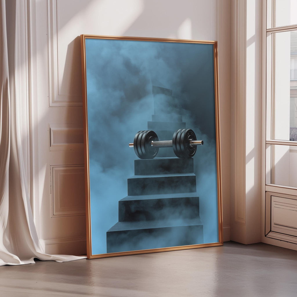 a large framed poster depicting a dumbbell on a set of stairs, with a blue background and a misty, atmospheric effect.