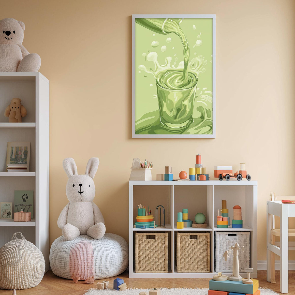 A cozy children's room with a white bookshelf, a plush rabbit, and a colorful toy box filled with toys. A framed illustration of a glass with a green liquid is displayed on the wall above the toy box.