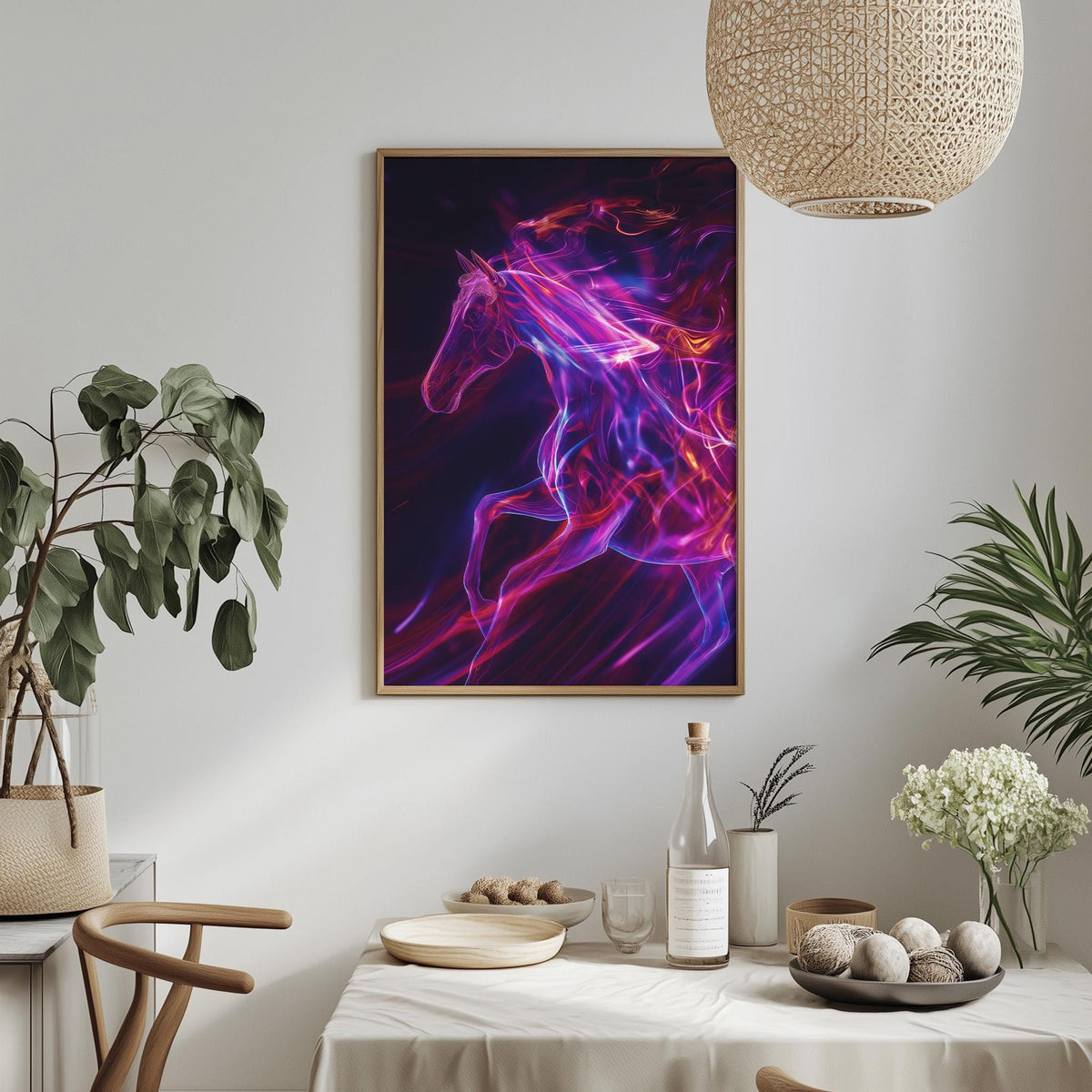 a vibrant, abstract painting of a horse's head in a dynamic pose, with swirling lines and colors creating a sense of movement and energy. The painting is hung on a white wall above a dining table, which is set with various items such as a bottle, a bowl, and a vase. The table is surrounded by chairs, and the room is decorated with potted plants and other decorative elements, creating a cozy and inviting atmosphere.