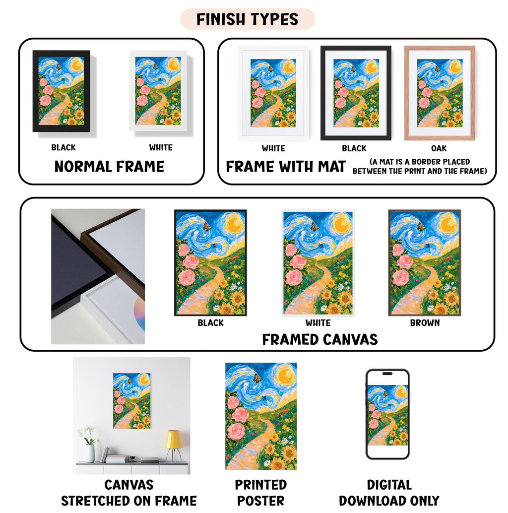 various types of artwork, including paintings, framed prints, and digital art, each with different finishes and frame styles.
