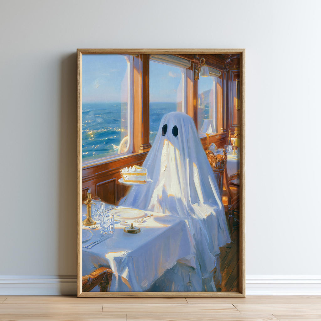 a ghost sitting at a table with a cake, surrounded by a scenic ocean view through a window.