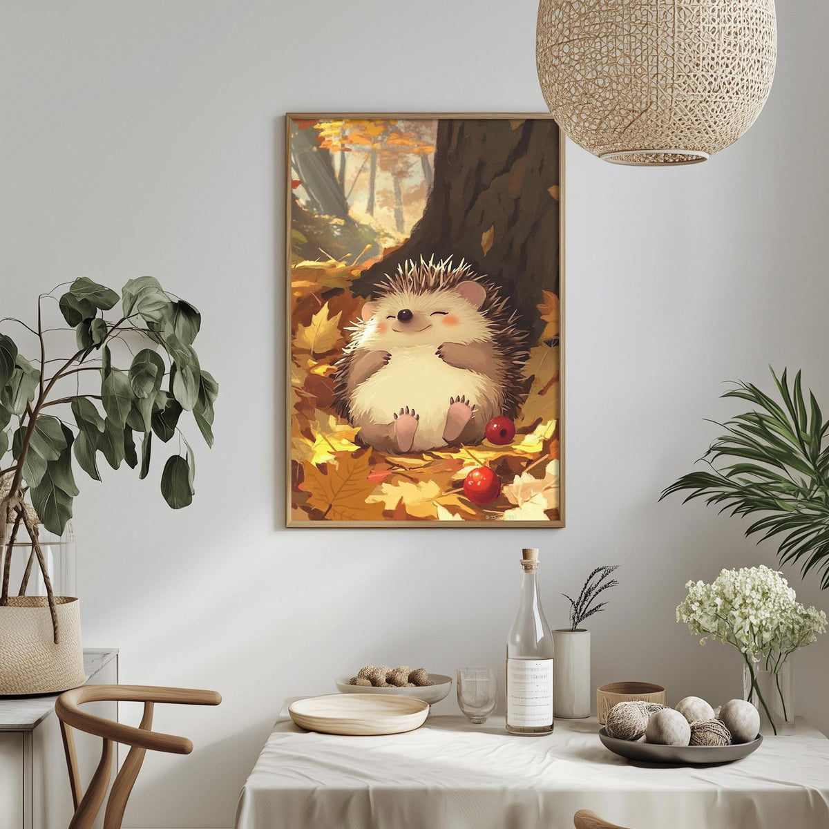 a cozy and inviting scene with a painting of a hedgehog resting on a bed of autumn leaves hanging on the wall. The painting is surrounded by various decorative elements, such as potted plants, vases, and bowls, creating a warm and welcoming atmosphere.