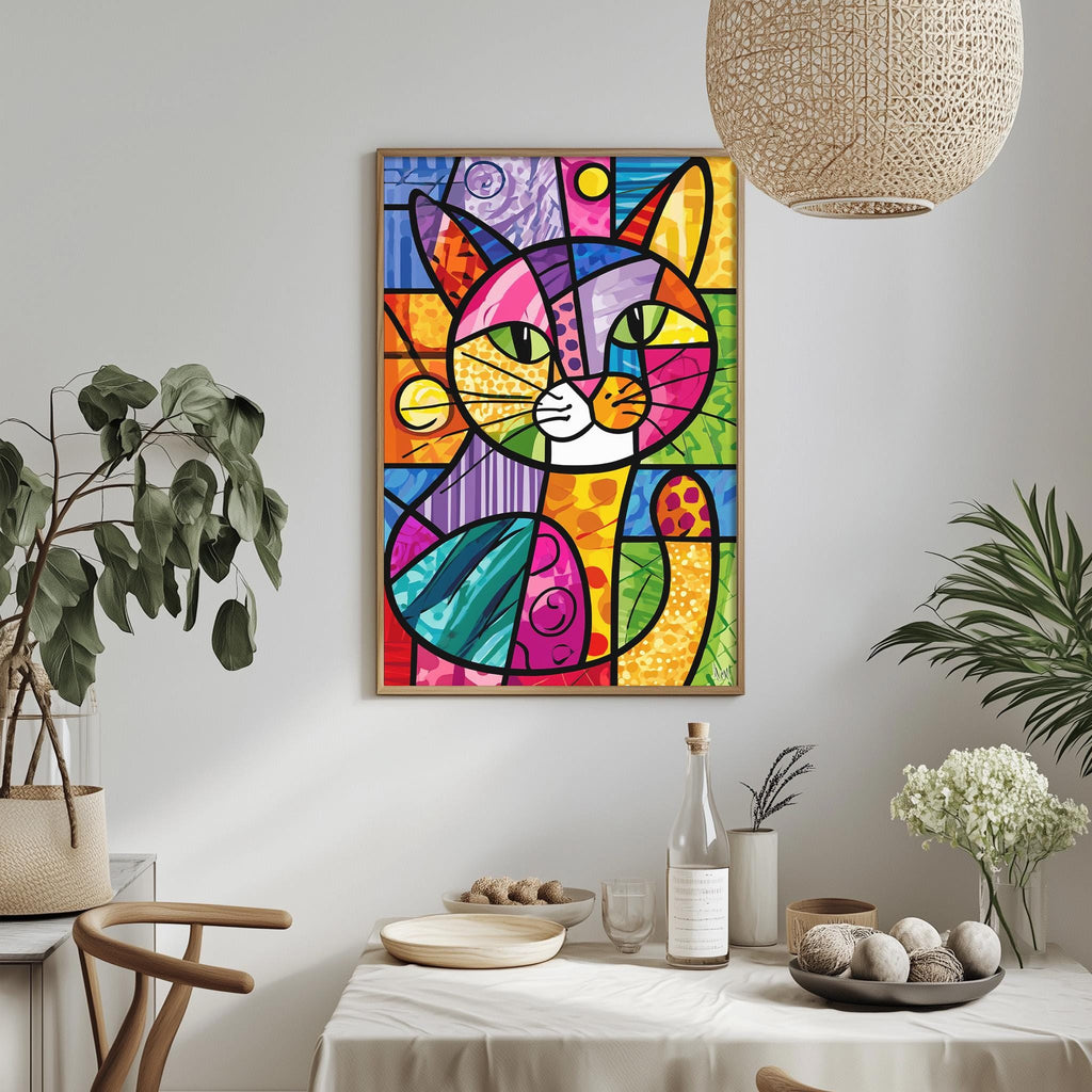 a vibrant, colorful abstract painting of a cat hanging on a wall above a dining table. The table is set with various items, including a bottle, a bowl, and a vase, creating a cozy and inviting atmosphere.