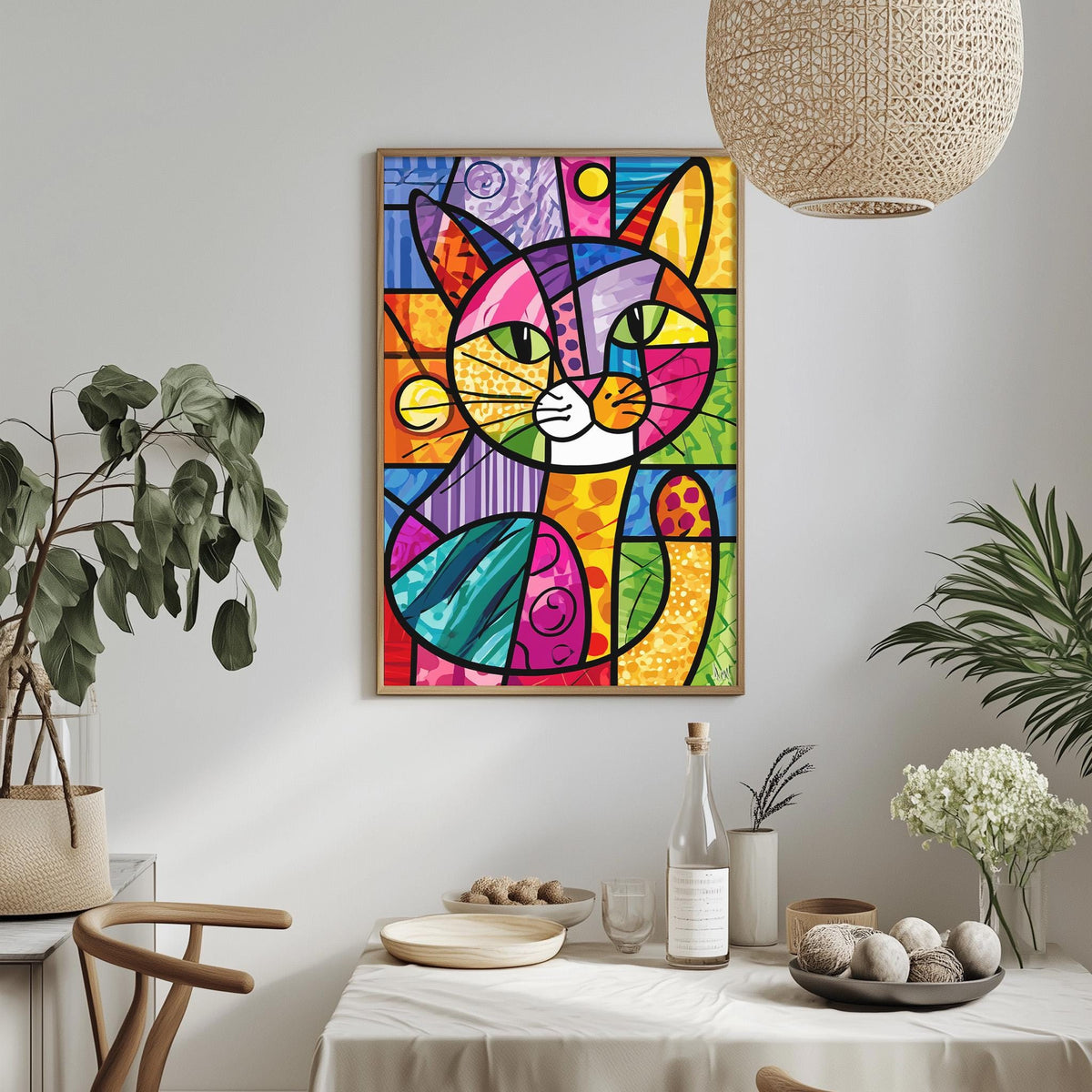 a vibrant, colorful abstract painting of a cat hanging on a wall above a dining table. The table is set with various items, including a bottle, a bowl, and a vase, creating a cozy and inviting atmosphere.