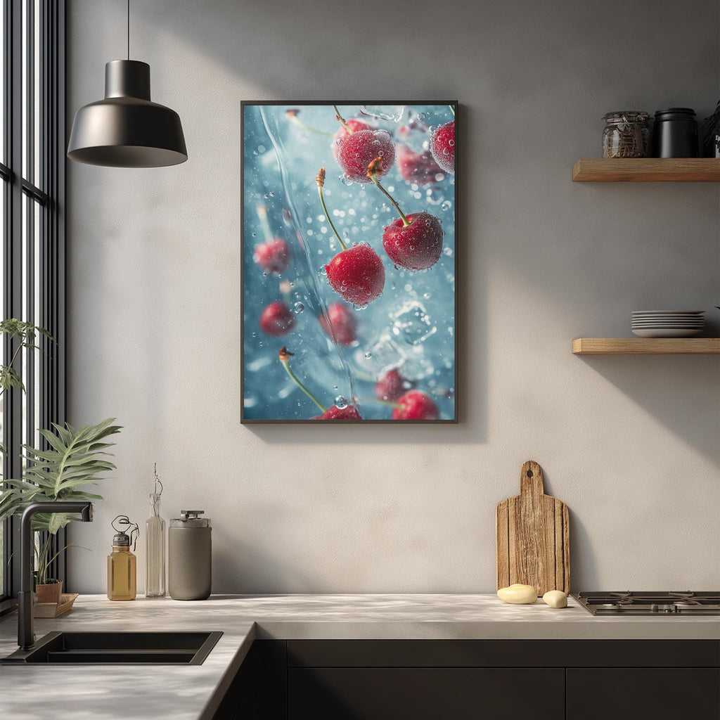 a kitchen counter with a framed picture of cherries hanging on the wall above it. The picture displays a close-up of cherries in a watery, blue-toned environment, creating a visually appealing and artistic composition.