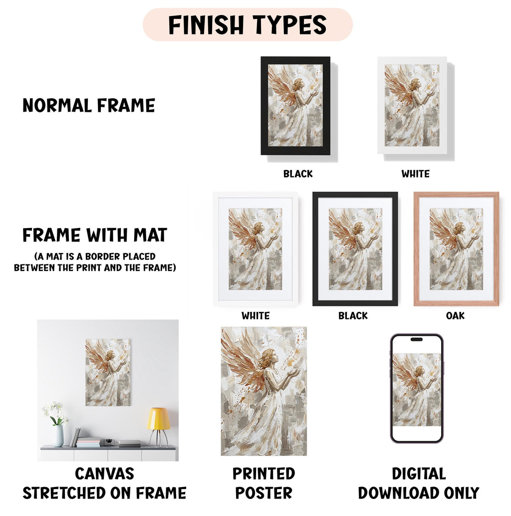 various types of artwork, including a canvas stretched on a frame, a framed poster, and a digital poster. The artwork is presented in different frame colors and styles, such as a normal frame, a black frame, a white frame, and an oak frame. The artwork is also described as a mat placed between the print and the frame, and it is a printed poster. The image is a collage of multiple images, and it is a digital download only.