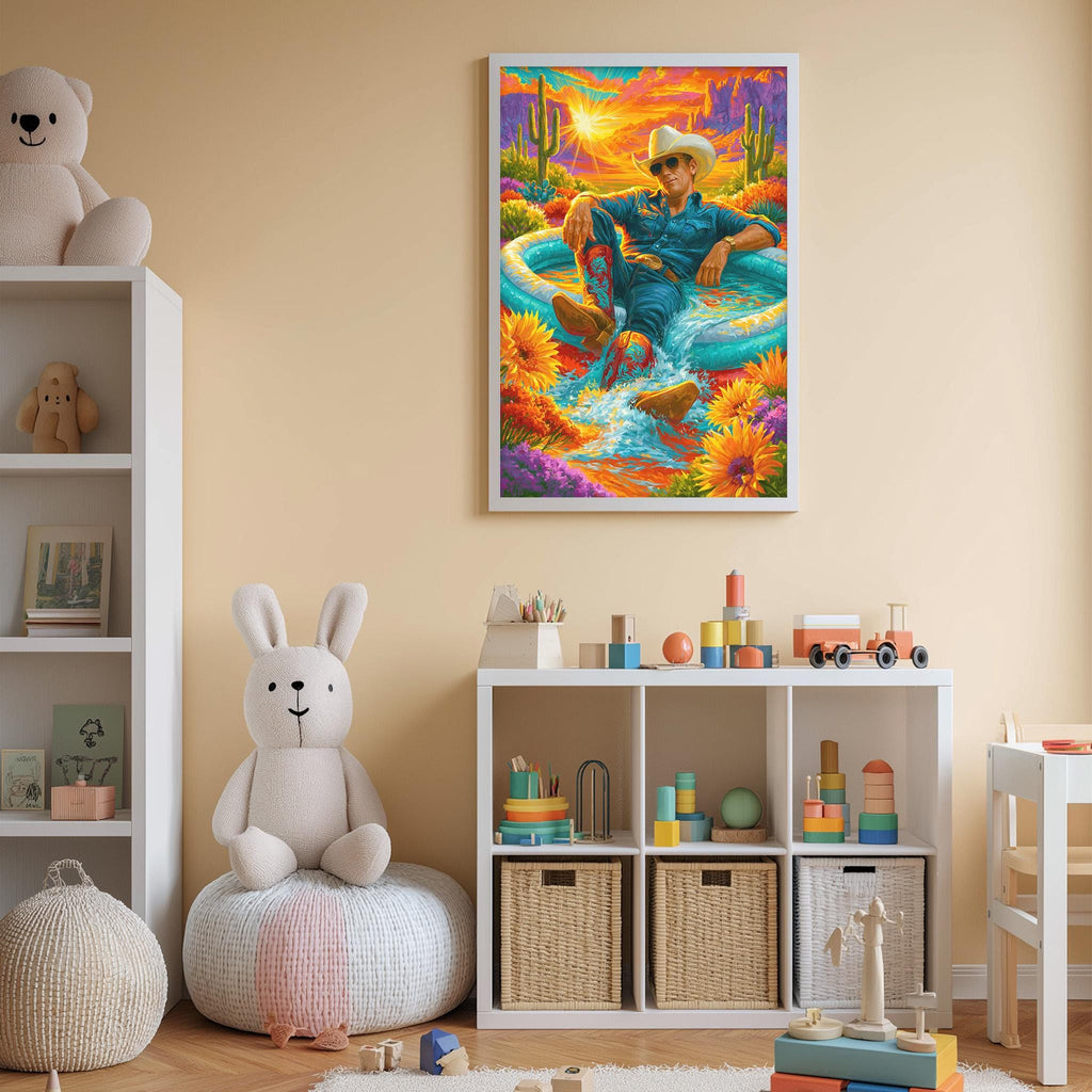 a child's bedroom with a large, colorful painting of a cowboy sitting in a pool surrounded by flowers and cacti on the wall. The room is filled with various toys, including a teddy bear, a bunny, and a toy train, as well as storage bins and shelves.