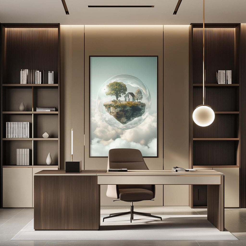 a modern and minimalist office space with a large framed artwork of a floating island scene on the wall. The office features a wooden desk, a comfortable-looking chair, and a pendant light above the desk. The overall design and decor create a serene and tranquil atmosphere.