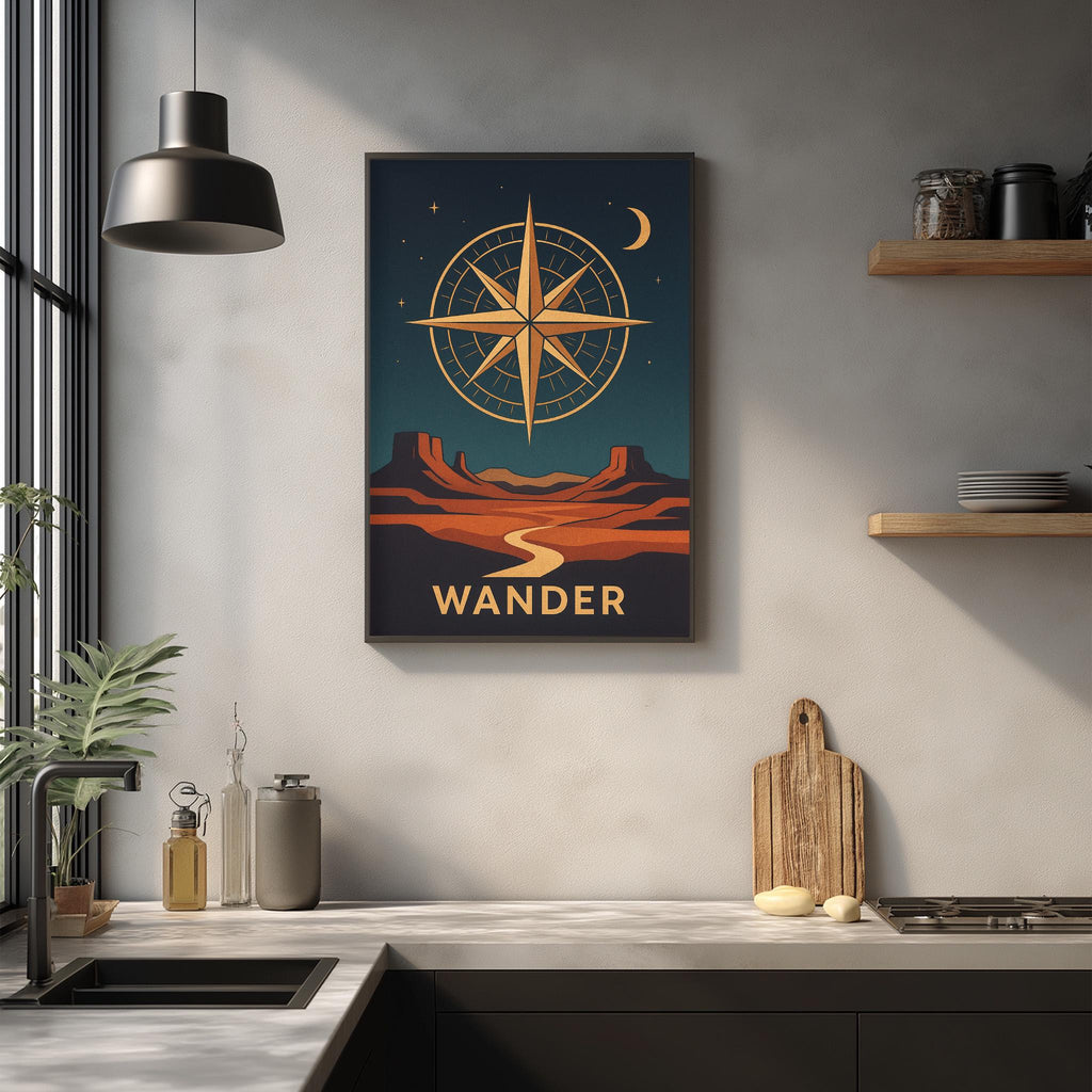 a kitchen counter with a framed poster of a desert landscape and a compass on the wall above it.