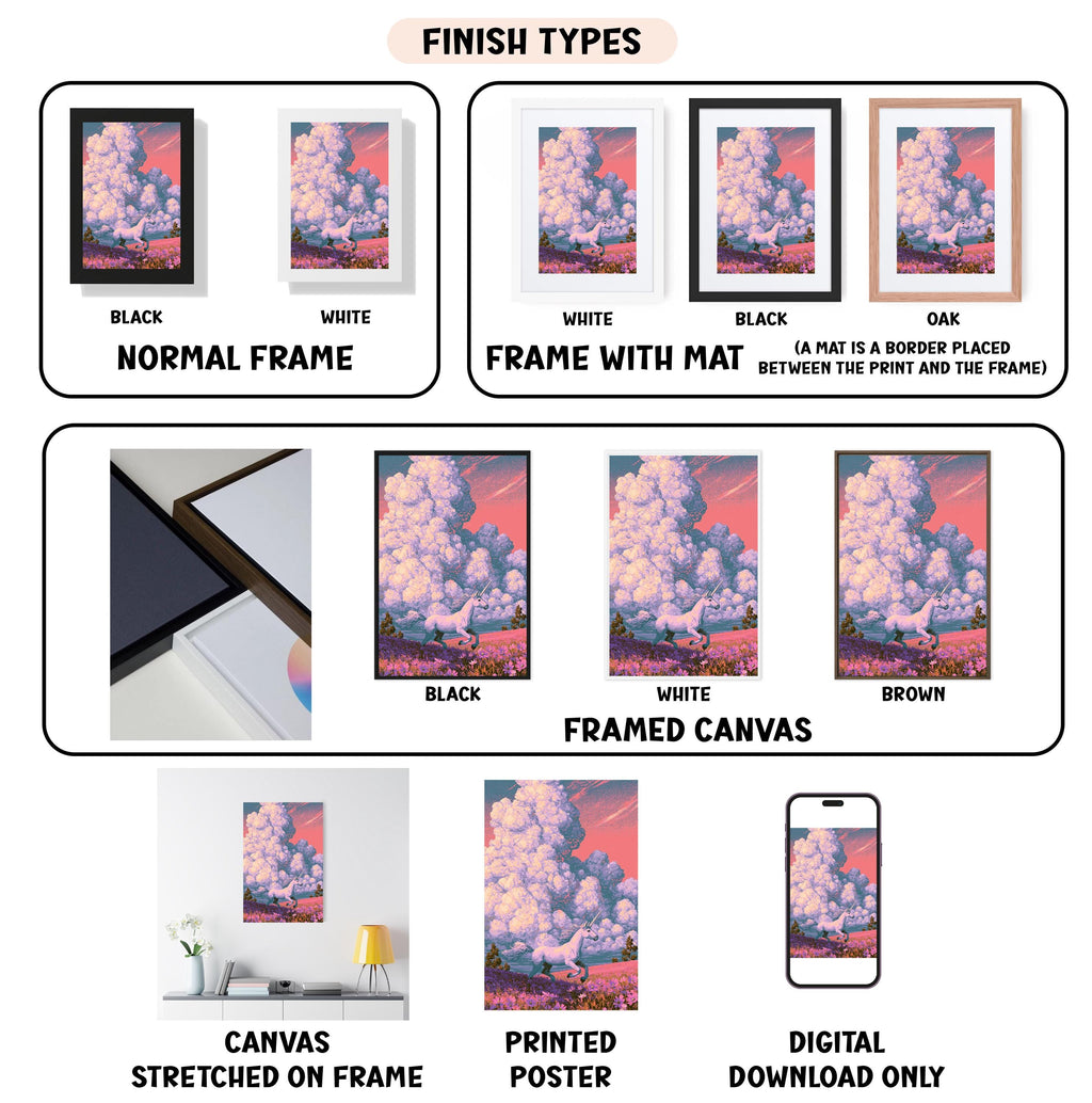 various types of artwork, including paintings, framed prints, and digital art, each with different finishes and frame styles.