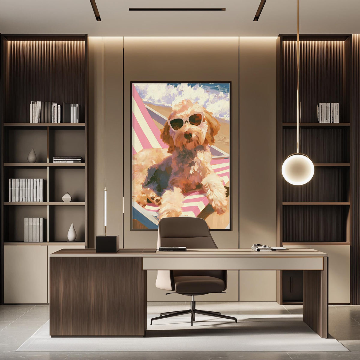 a modern office space with a large framed painting of a dog wearing sunglasses as the focal point. The dog is sitting on a beach towel, creating a playful and whimsical atmosphere. The office has a wooden desk, a comfortable chair, and a bookshelf filled with various books and decorative items. The overall design and layout of the space suggest a well-organized and stylish workspace.