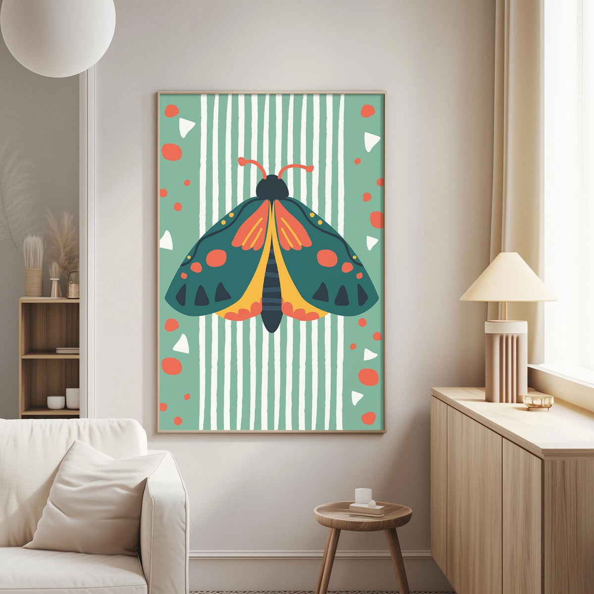 a colorful painting of a butterfly on a green and white striped background, hanging on a wall in a living room.