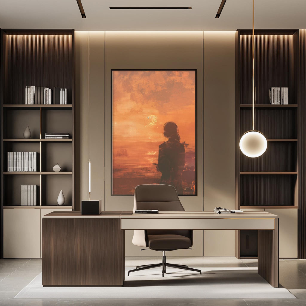 a modern and minimalist office space with a large framed artwork depicting a silhouette of a person against a sunset-like background. The office has a wooden desk, a comfortable-looking chair, and a bookshelf filled with books. The overall design and decor create a calm and professional atmosphere.
