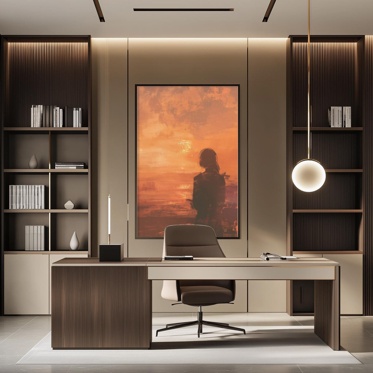 a modern and minimalist office space with a large framed artwork depicting a silhouette of a person against a sunset-like background. The office has a wooden desk, a comfortable-looking chair, and a bookshelf filled with books. The overall design and decor create a calm and professional atmosphere.