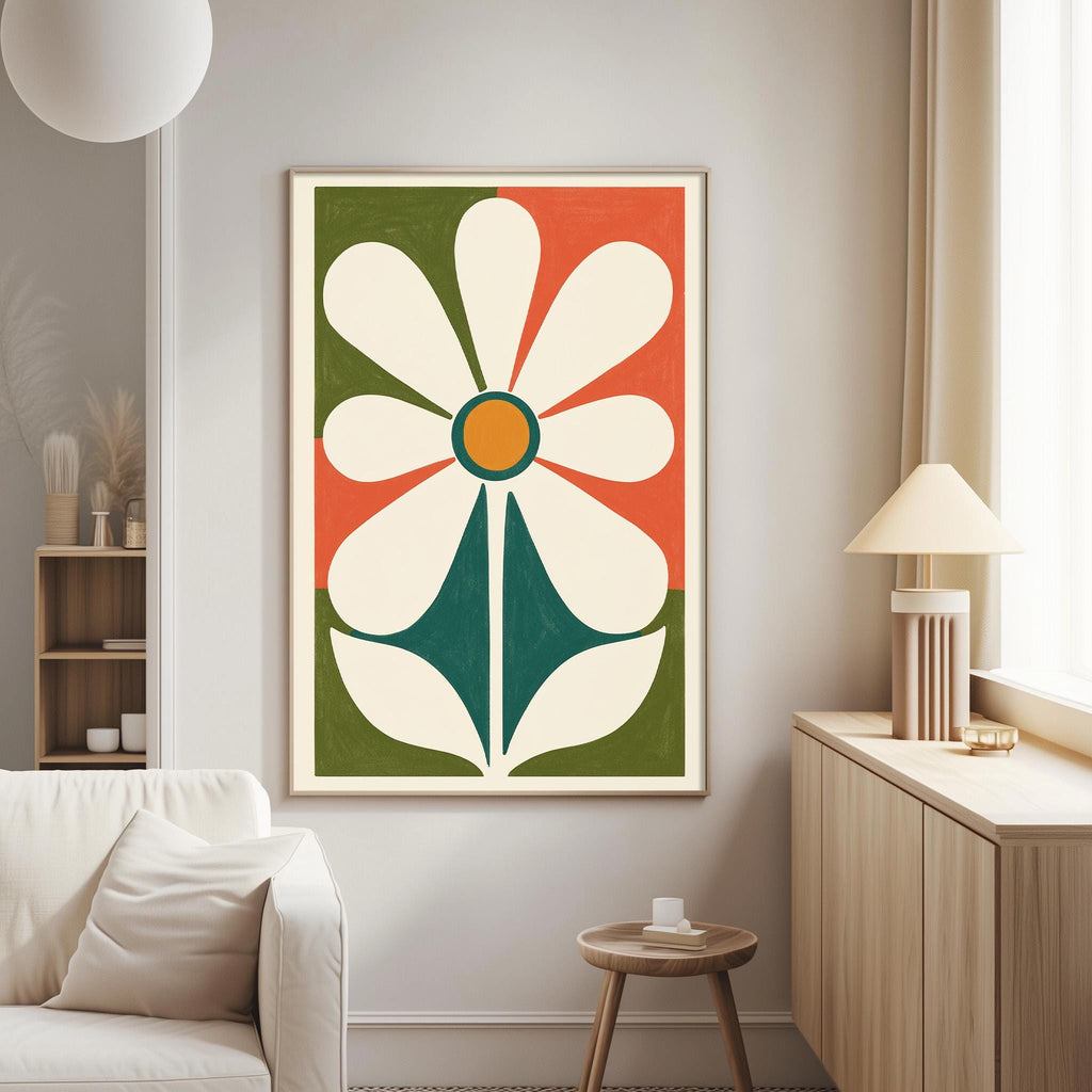 a large abstract floral print hanging on a wall in a living room.