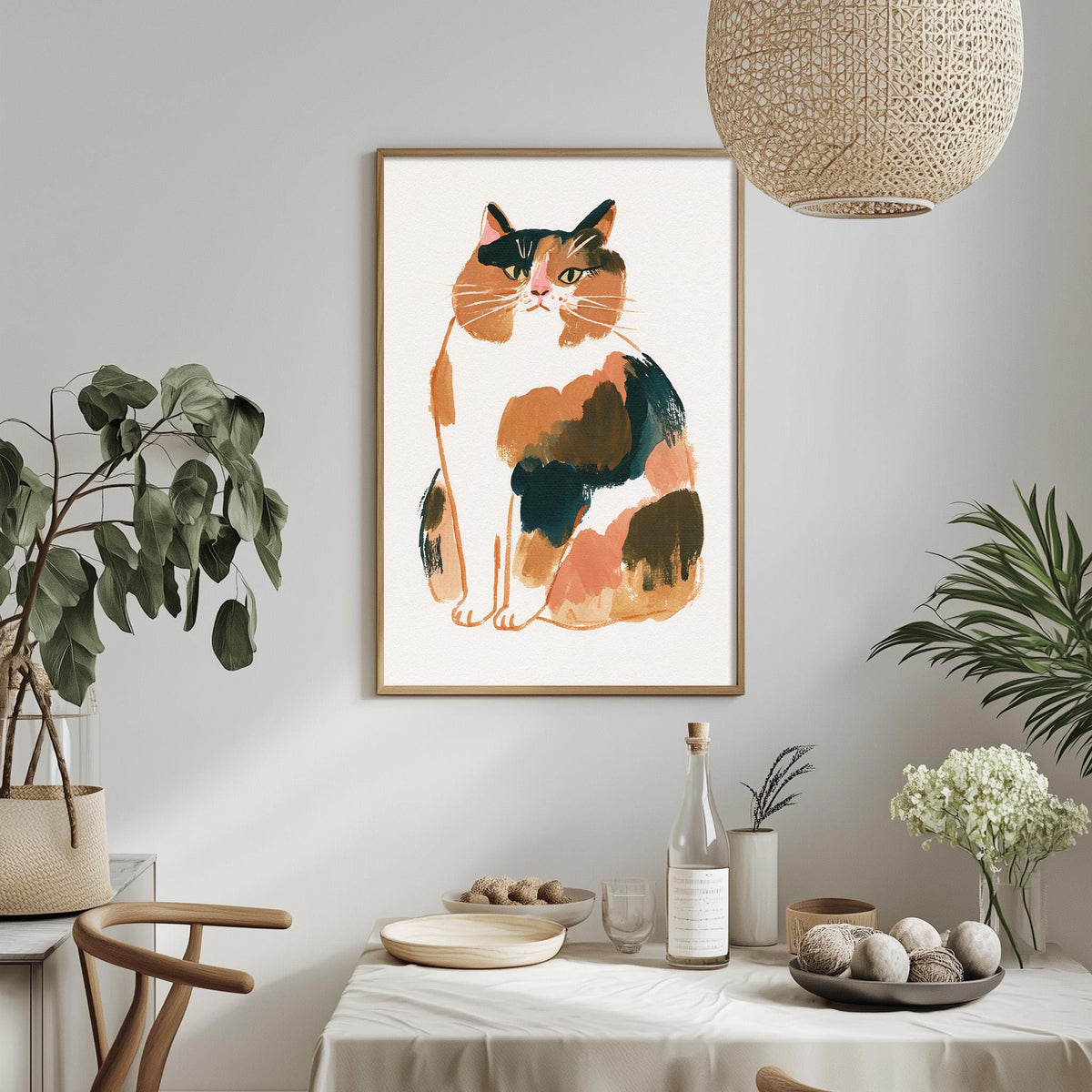 a framed illustration of a cat sitting on a table, surrounded by various decorative elements such as plants, a bowl, and a bottle.