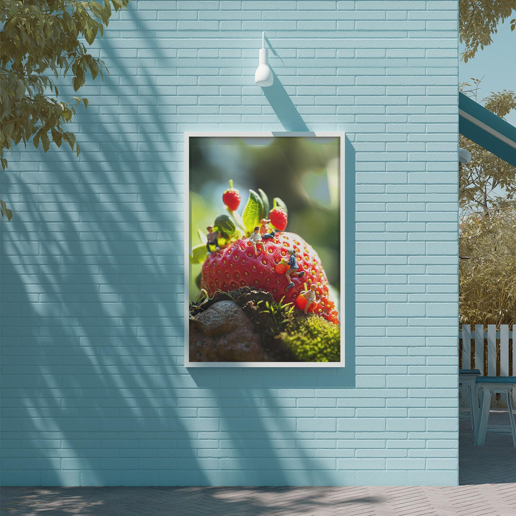 A framed photograph of a red strawberry is displayed on a blue wall, with a white light fixture above it.