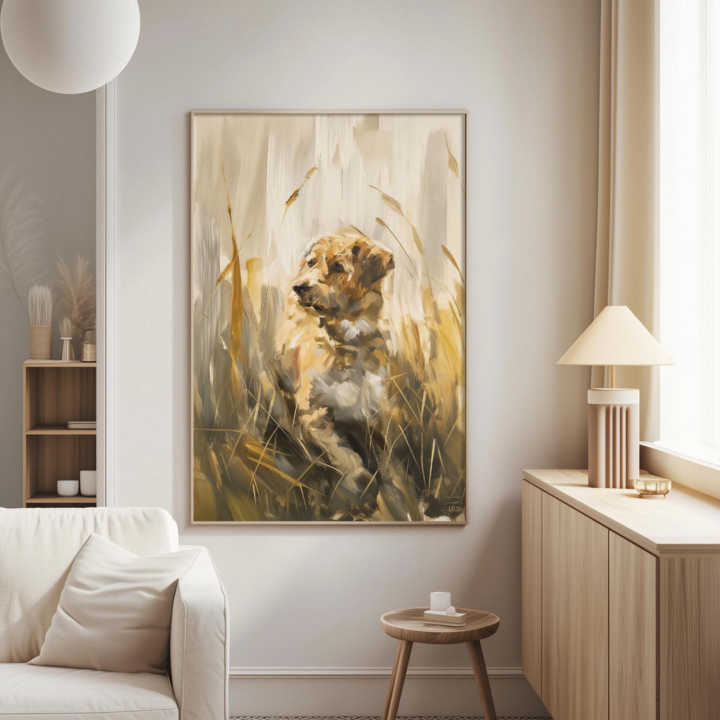 a large painting of a lion in a grassy field, hanging on a wall in a living room.