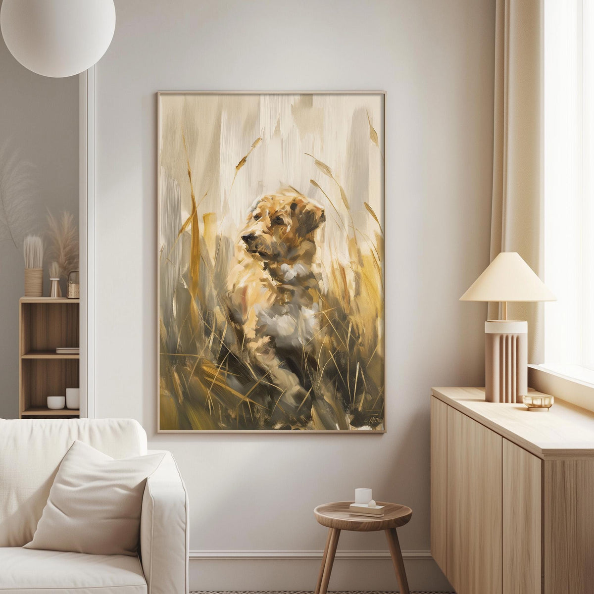a large painting of a lion in a grassy field, hanging on a wall in a living room.