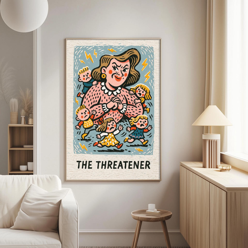 a large, colorful poster of a woman with a group of children surrounding her, depicting a scene of danger or threat.