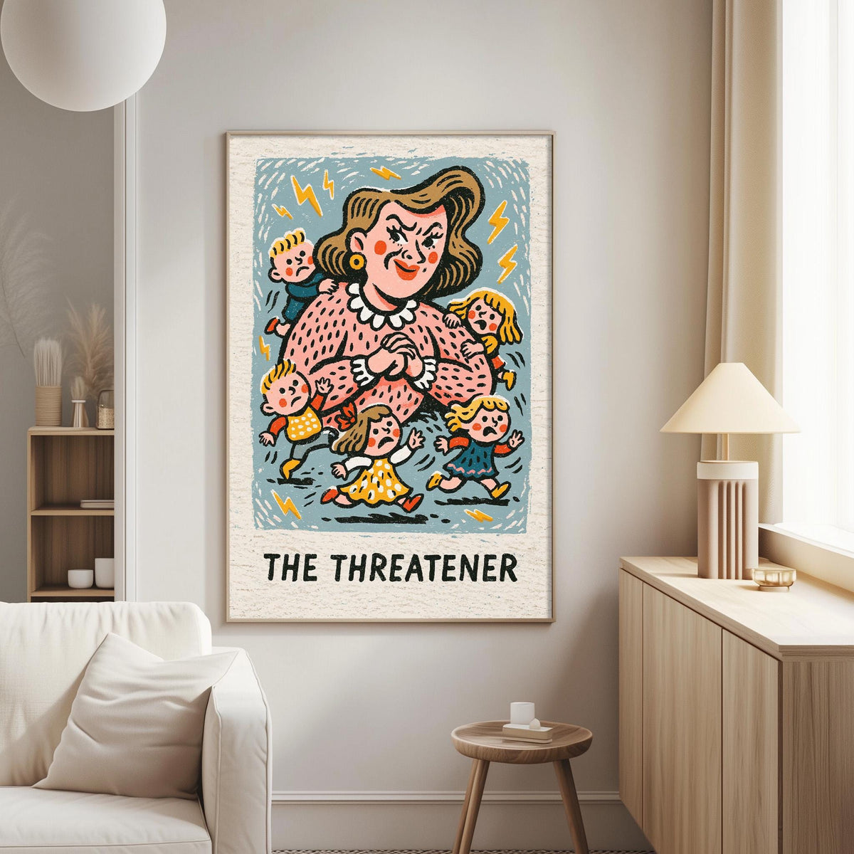 a large, colorful poster of a woman with a group of children surrounding her, depicting a scene of danger or threat.