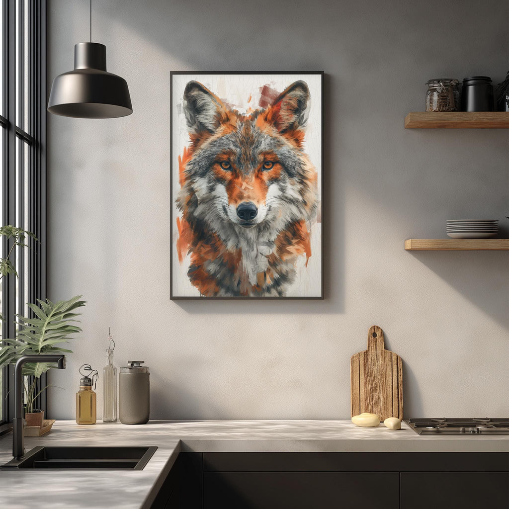 a kitchen counter with various kitchen items, including a cutting board, a knife, and a bottle. Above the counter, there is a framed painting of a wolf's face, which serves as a focal point in the room.